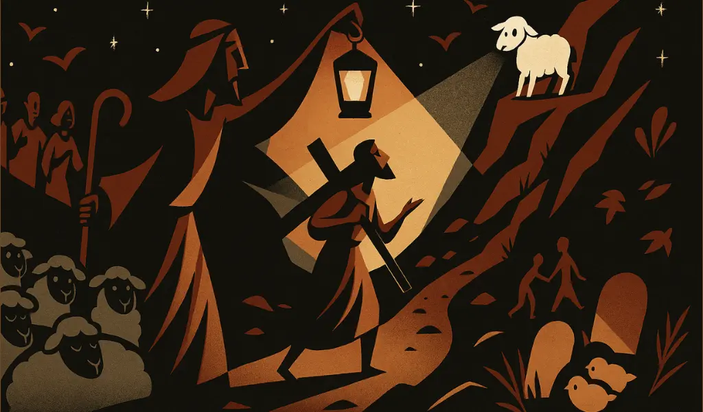 November 6, 2025: Shepherd searching lost sheep Catholic meditation Luke 15 divine love persistent seeking lamp darkness mountainous terrain faithful shepherd care