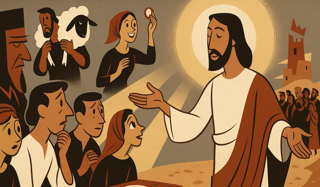 November 6, 2025: Jesus parables lost sheep coin Luke 15 Catholic reflection divine searching joy repentance tax collectors sinners Pharisees